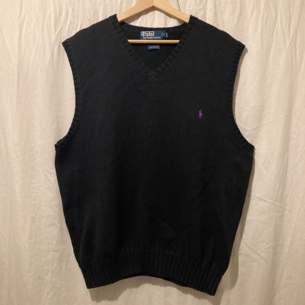 Vintage Polo Ralph Lauren Mens XL Black Cotton V-Neck knit Sweater Vest 90s Pony